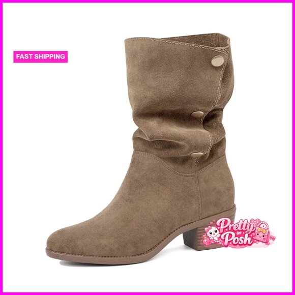 Suede Mid Calf Boots 3 Way Fold Over Chunky Block Heel Booties
